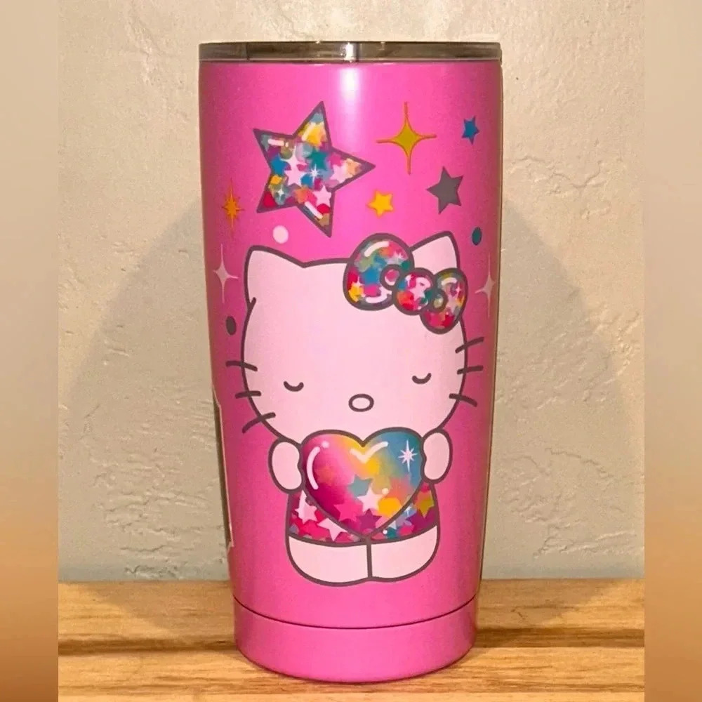 Hello Kitty Pink Tumbler With Lid Rainbow Hearts And Stars Accents NWTS